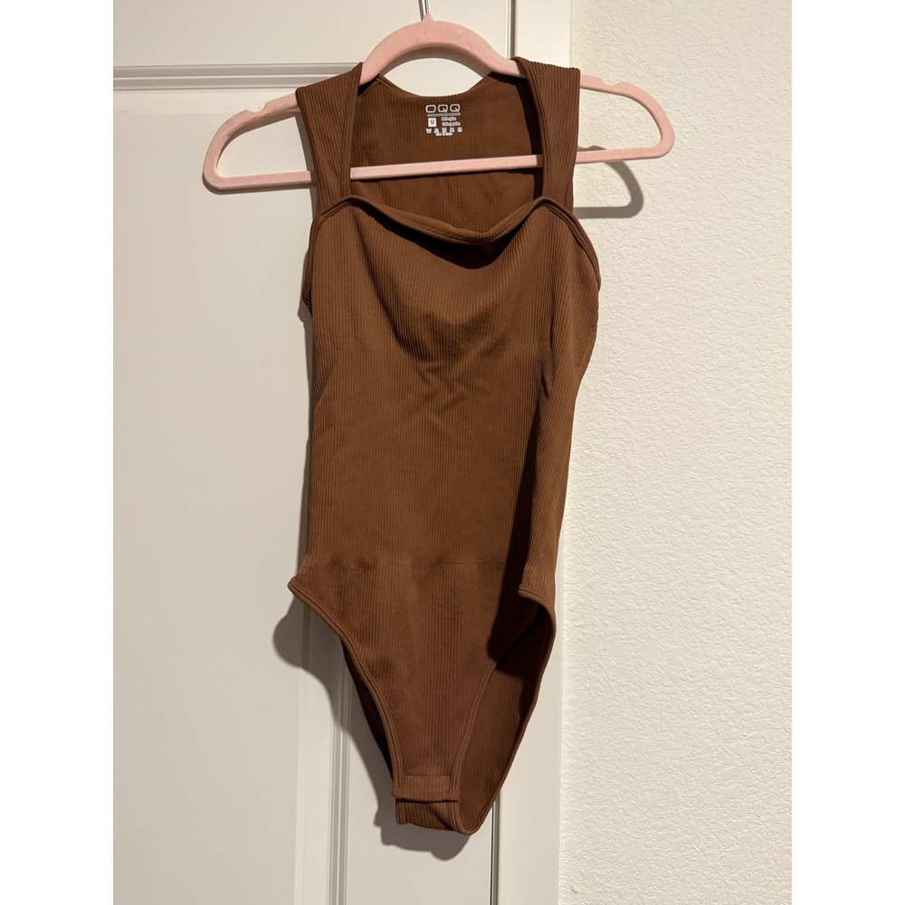 QQQ Women Ribbed Square Neck Bodysuit Bundle Brown Cream Medium 2 Pack